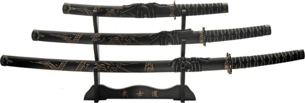 3 Pc Black Dragon Katana Set Stainless Blade Fixed Blade