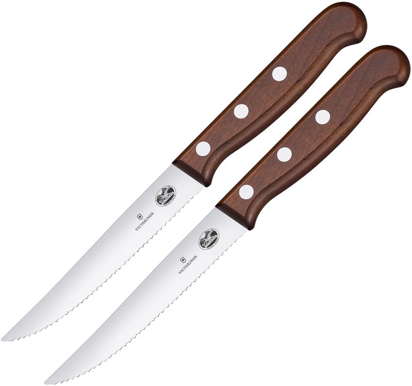 Victorinox 2pc Steak Knife Set Brown Wood Handle Serrated Blade