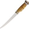 Wood Jewel Fillet Knife 6.25" Satin Stainless Curly Birch w/ Sheath
