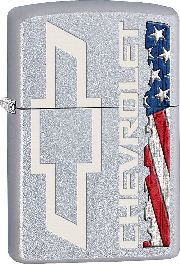 ZO05606 Zippo Chevrolet Bowtie Flag Satin Chrome Lighter