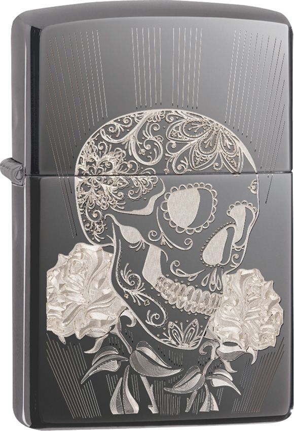 Zippo Fancy Skull Lighter - Black Ice Finish