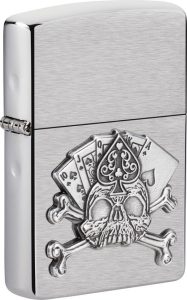 ZO17215 Zippo Card Skull Emblem Lighter - Brushed Chrome