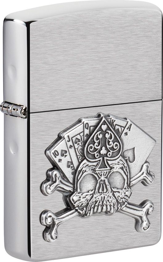 Zippo Card Skull Emblem Lighter - Brushed Chrome