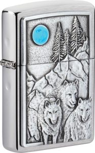 Zippo Wolf Pack and Moon Lighter - Brushed Chrome