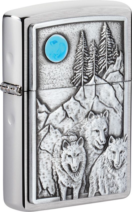 Zippo Wolf Pack and Moon Lighter - Brushed Chrome