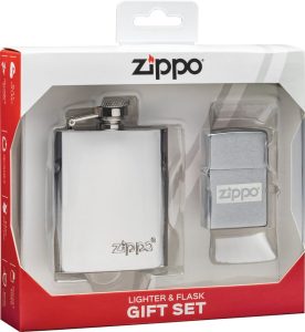 ZO17733 Zippo Brushed Chrome Lighter and Flask Gift Set