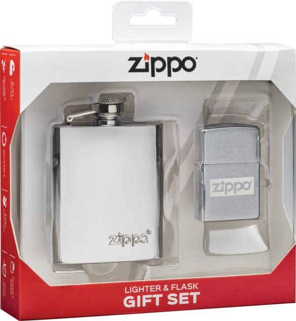 Zippo Brushed Chrome Lighter and Flask Gift Set