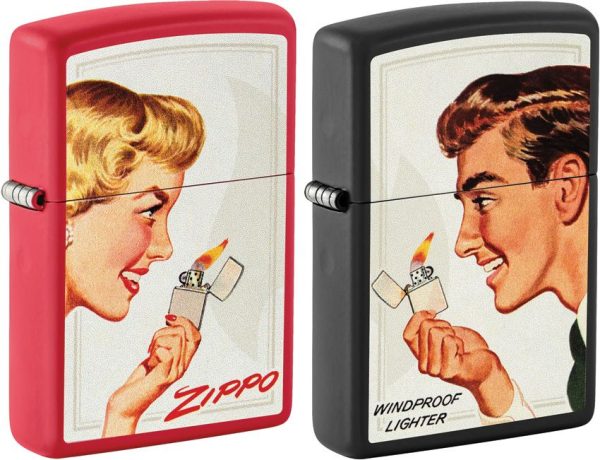 Zippo Vintage Ad Lighter Set - Red and Black Matte Pair