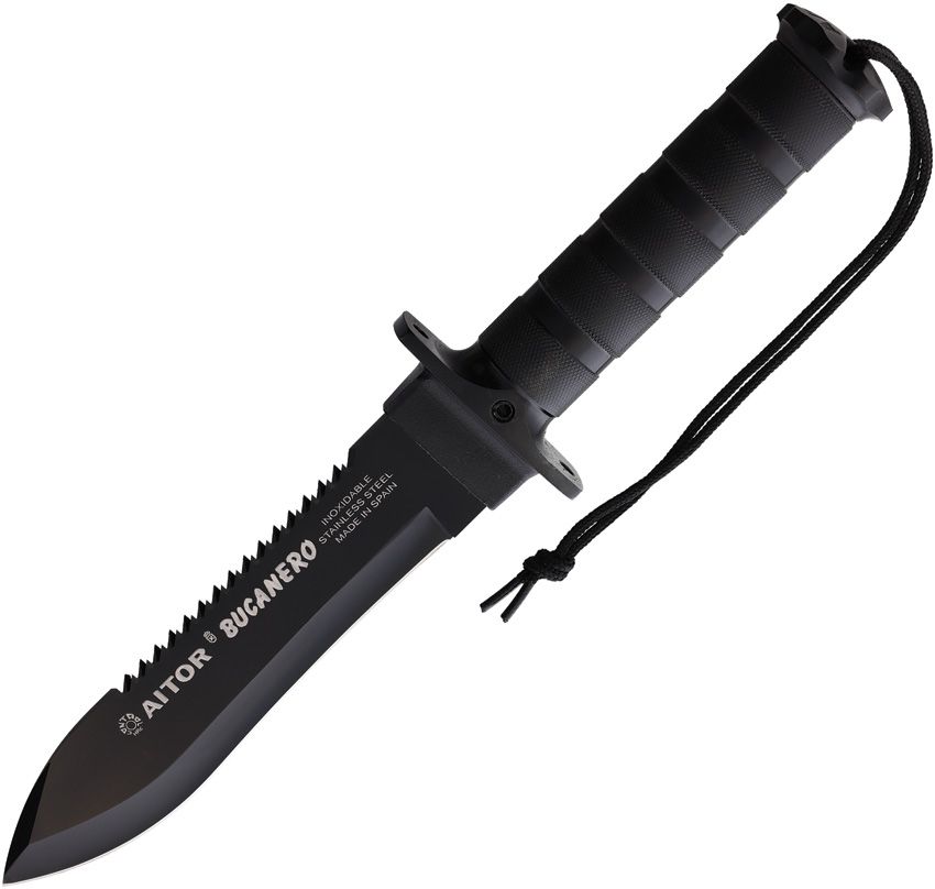 Aitor Bucanero Fixed Blade Knife 6.5" Black Oxide Sawback w/ Survival Kit