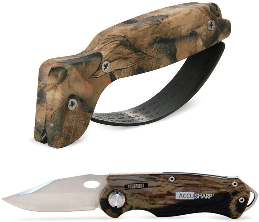 AccuSharp Wheel Lock Folding Knife 2.5in Satin Blade Camo w/ Sharpener