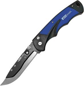 AS743C.jpg AccuSharp Razor Button Lock Blue - 420 Stainless Folding Knife