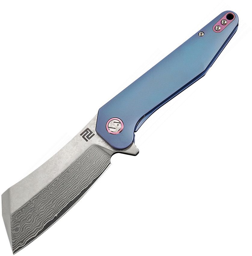 Artisan Osprey Framelock Folding Knife 3.75" Damascus Blue Titanium