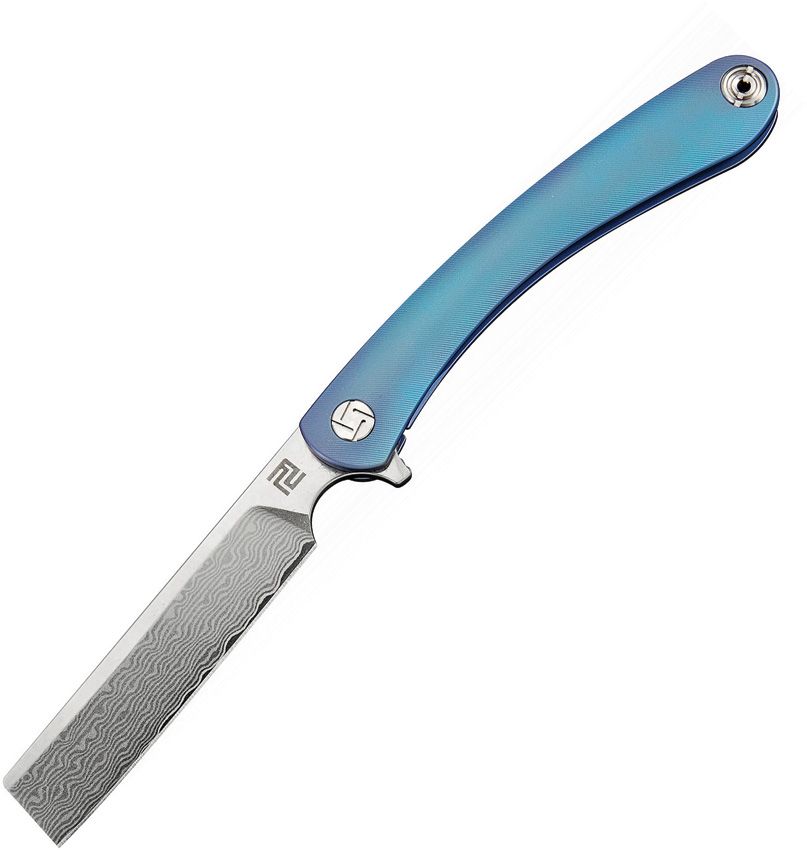 Artisan Orthodox Framelock 3.5" Damascus Blue Titanium Folding Knife