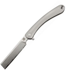 Artisan Orthodox Framelock Damascus Gray Titanium Folding Knife