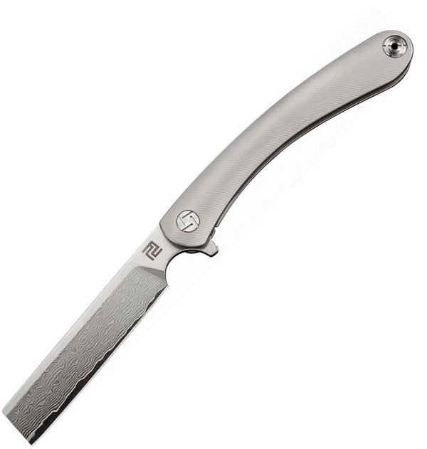 Artisan Orthodox Framelock Damascus Gray Titanium Folding Knife