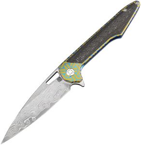 Artisan Small Archaeo Framelock Damascus Folding Knife Blue Titanium