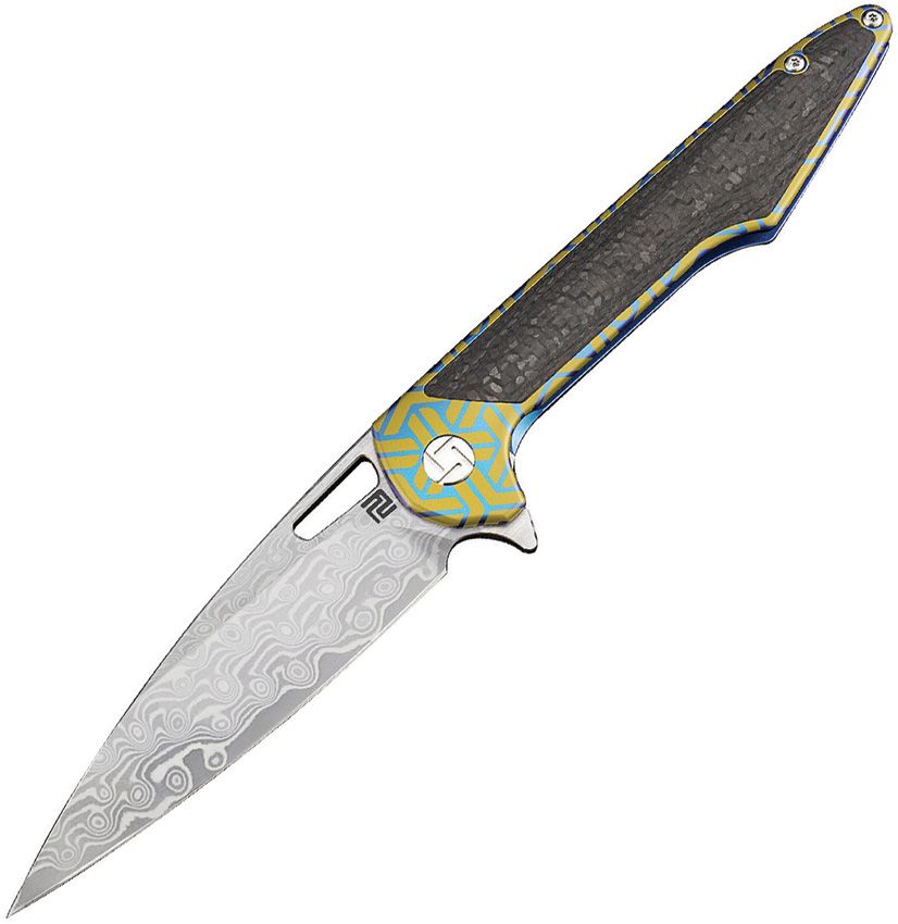 Artisan Small Archaeo Framelock 3" Damascus Blade Blue Titanium