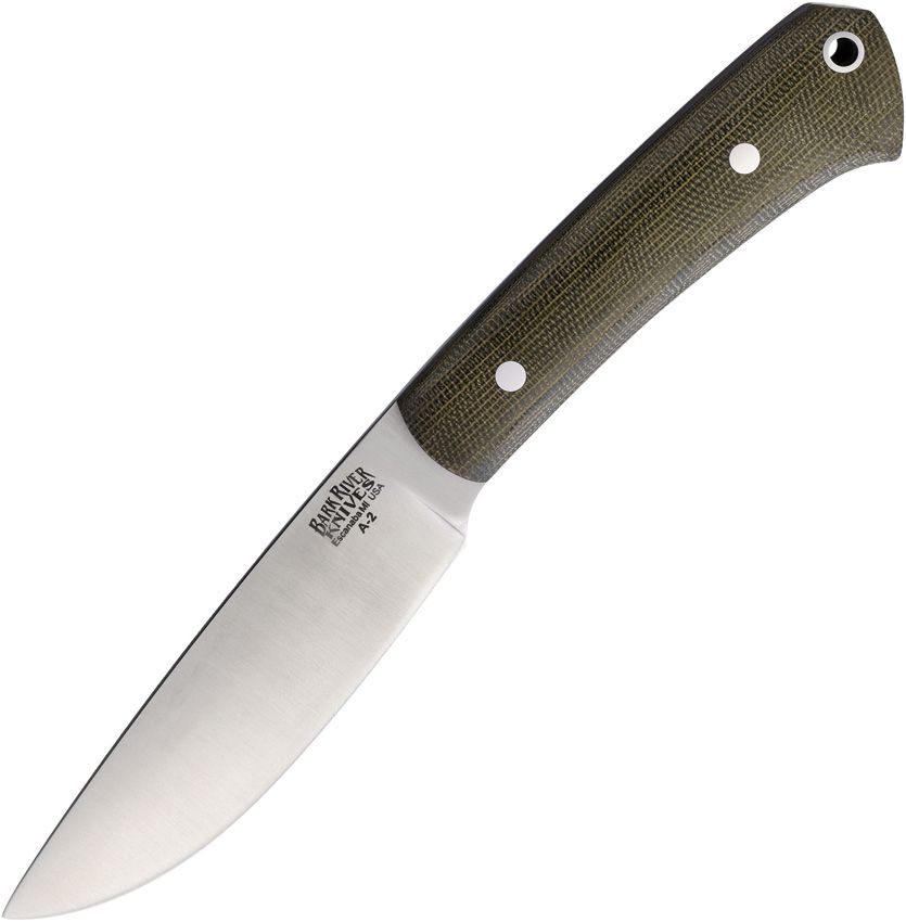 BA114MGC.jpg Bark River Highland Special Fixed Blade 4" A2 Green Micarta