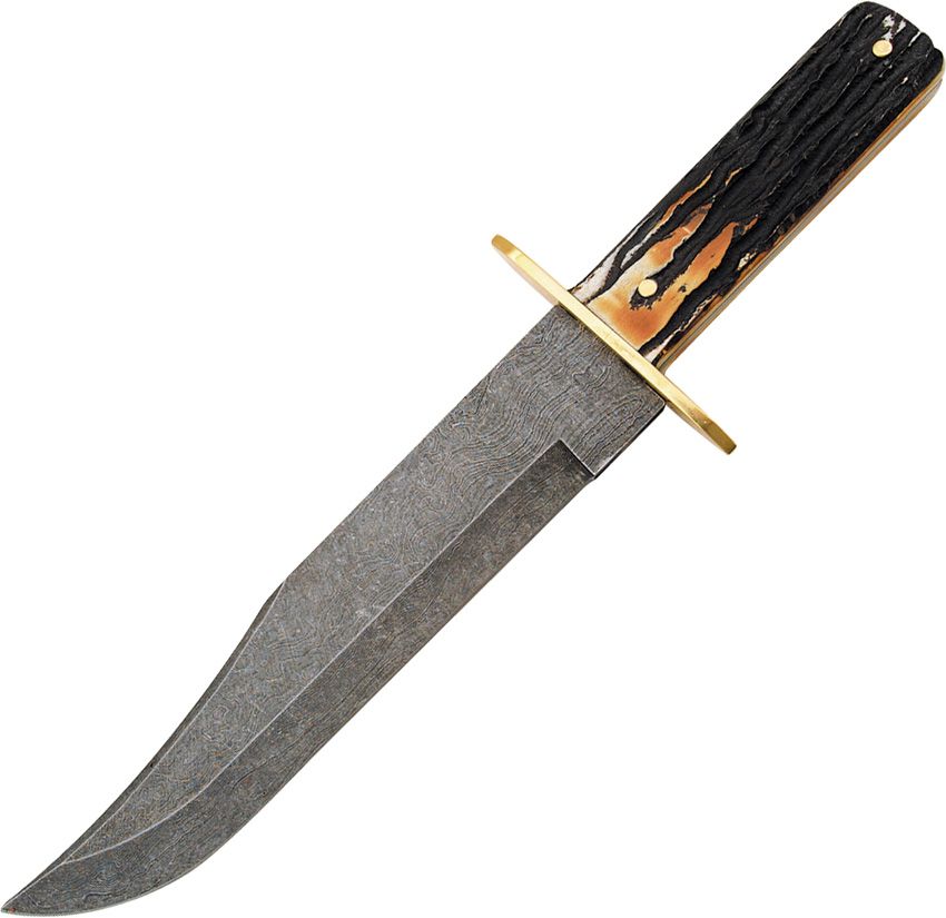 Bear & Son Bowie Damascus Fixed Blade Knife 9" Blade Stag Bone