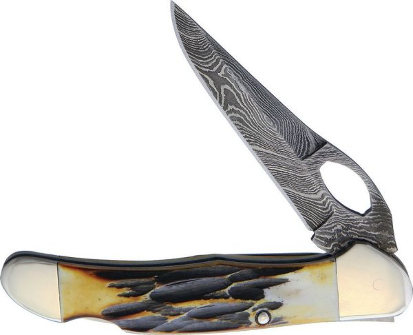 Bear & Son Cowhand Lockback Damascus Stag Bone Folder