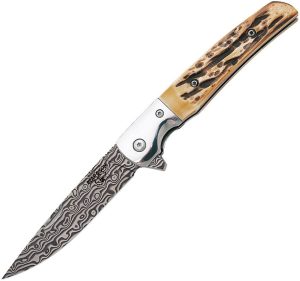 BC521D.jpg Bear & Son Rancher Sideliner Damascus Folding Knife Stag Bone