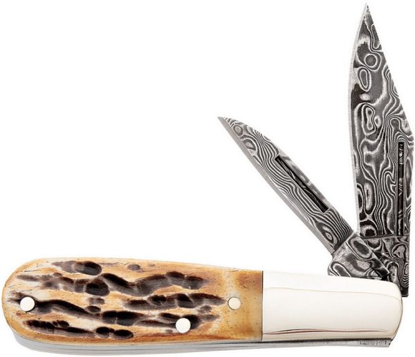 BC5281D12.jpg Bear & Son Baby Barlow Damascus Stag Bone Folding Knife
