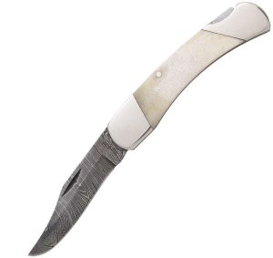 BCWSB05D.jpg Bear & Son Damascus Lockback White Bone Clip Point