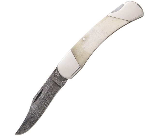Bear & Son Damascus Lockback White Bone Clip Point