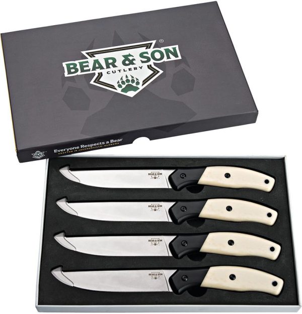 BCWSB36.jpg Bear & Son Steak Knife Set 14C28N Sandvik Bone Micarta 4pc