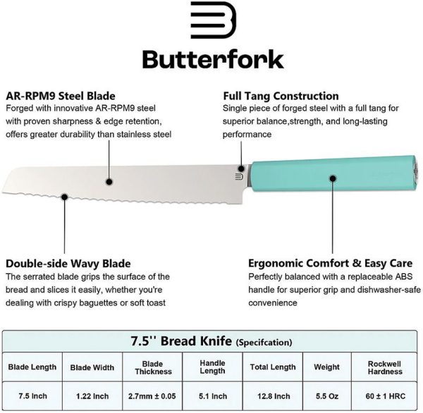 BF01BKMT_add_01.jpg Butterfork Bread Knife Mint Green 7.5" Serrated Fixed Blade