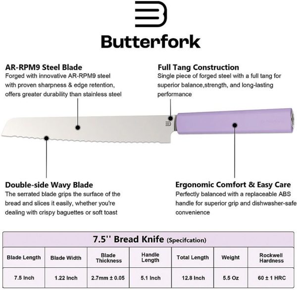 Butterfork Bread Knife Purple 7.5" Serrated Fixed Blade