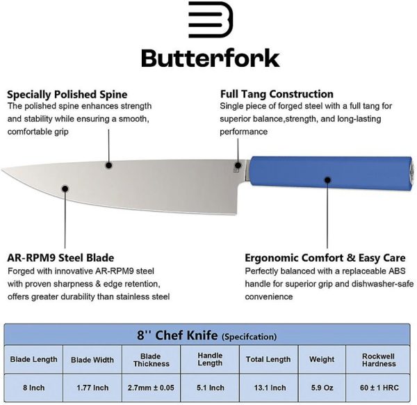 BF01CKBU_add_01.jpg Butterfork Chef's Knife Blue 8" AR-RPM9 Stainless Fixed Blade