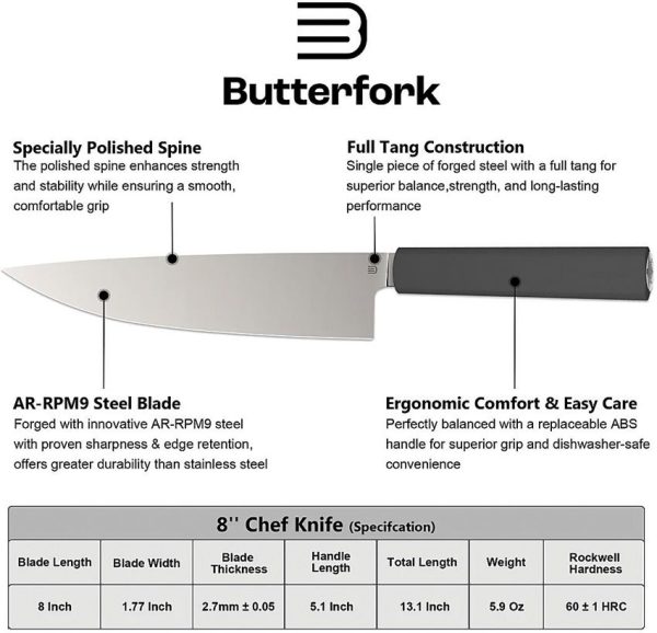 Butterfork Chef's Knife 8" AR-RPM9 Dark Gray Fixed Blade