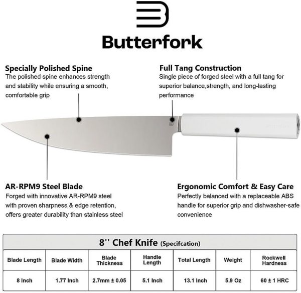 Butterfork Chef's Knife Light Gray 8" AR-RPM9 Stainless Fixed Blade