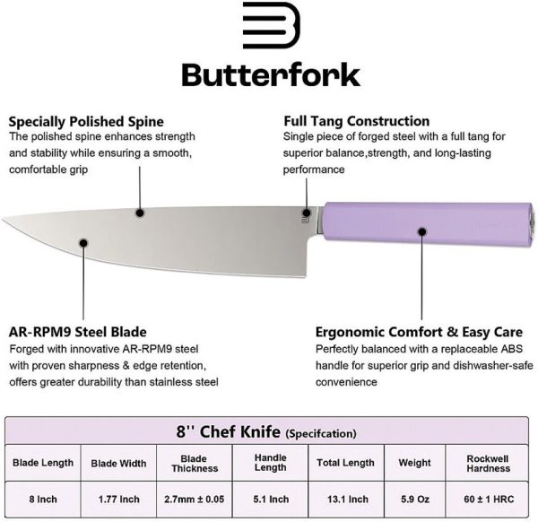 Butterfork Chef's Knife Purple 8" AR-RPM9 Stainless Fixed Blade
