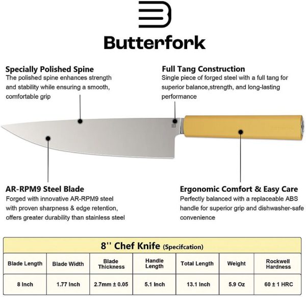 Butterfork Chef's Knife Yellow 8" AR-RPM9 Stainless Fixed Blade