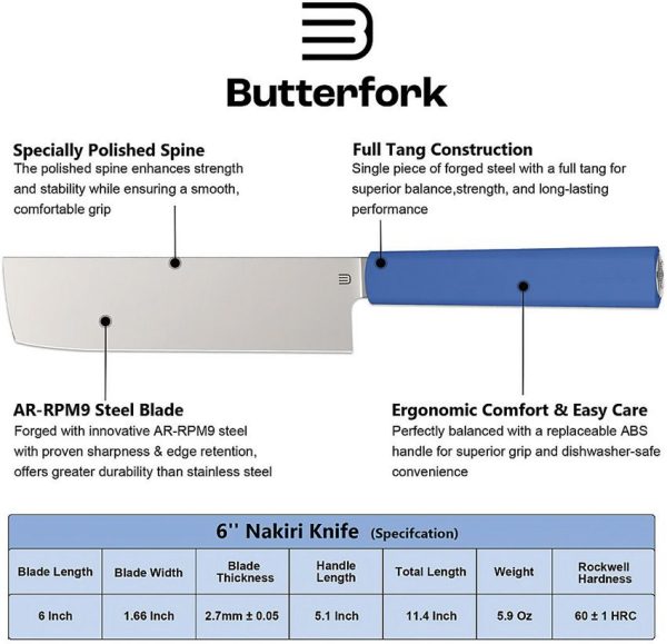 BF01NKBU_add_01.jpg Butterfork Nakiri Knife Blue 6" AR-RPM9 Stainless Fixed Blade