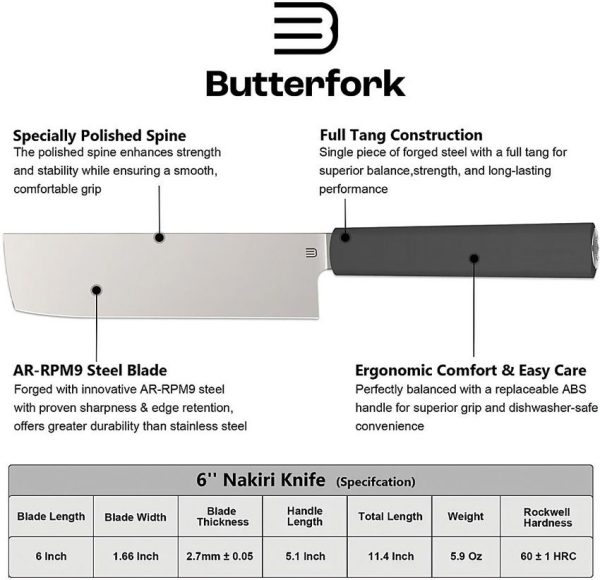 BF01NKDG_add_01.jpg Butterfork Nakiri Knife Dark Gray 6" AR-RPM9 Fixed Blade