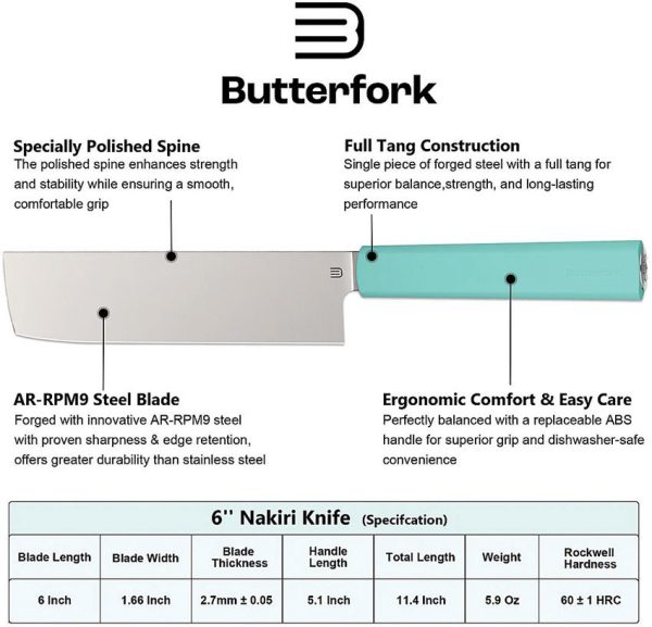 BF01NKMT_add_01.jpg Butterfork Nakiri Knife 6" AR-RPM9 Blade Mint Green Fixed Blade