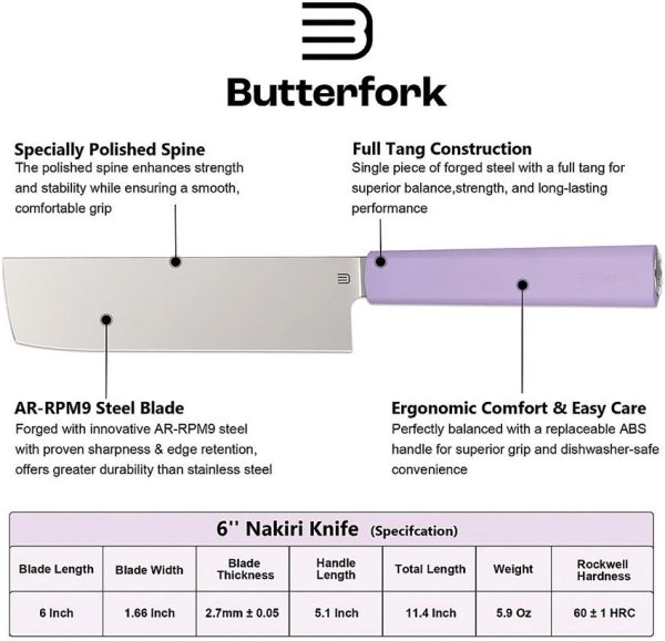 BF01NKPP_add_01.jpg Butterfork Nakiri Knife Light Mint Purple 6" AR-RPM9 Blade