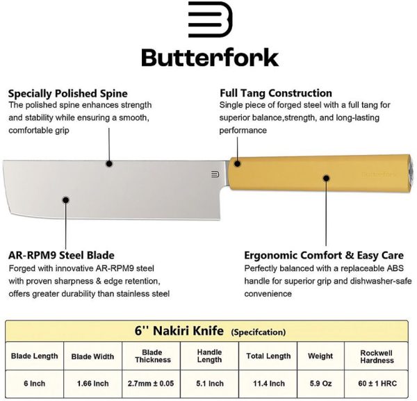 BF01NKYL_add_01.jpg Butterfork Nakiri Knife Light Yellow 6" AR-RPM9 Fixed Blade