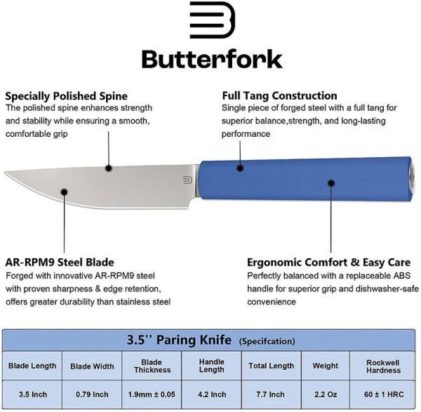 Butterfork Paring Knife Blue 3.5" AR-RPM9 Fixed Blade
