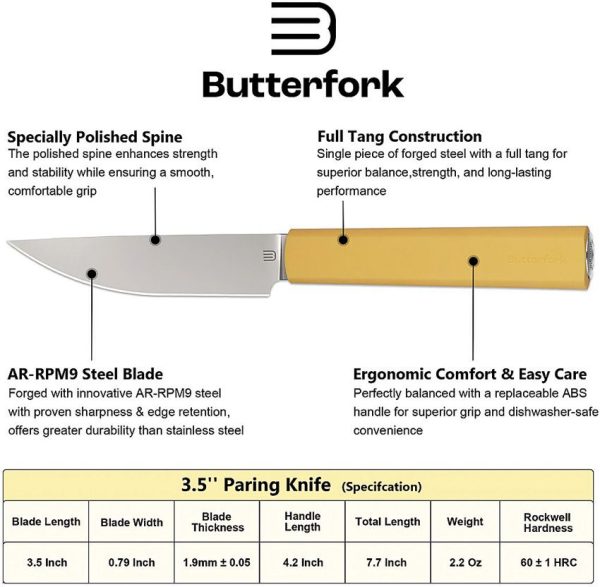 Butterfork Paring Knife Yellow 3.5" AR-RPM9 Stainless Fixed Blade