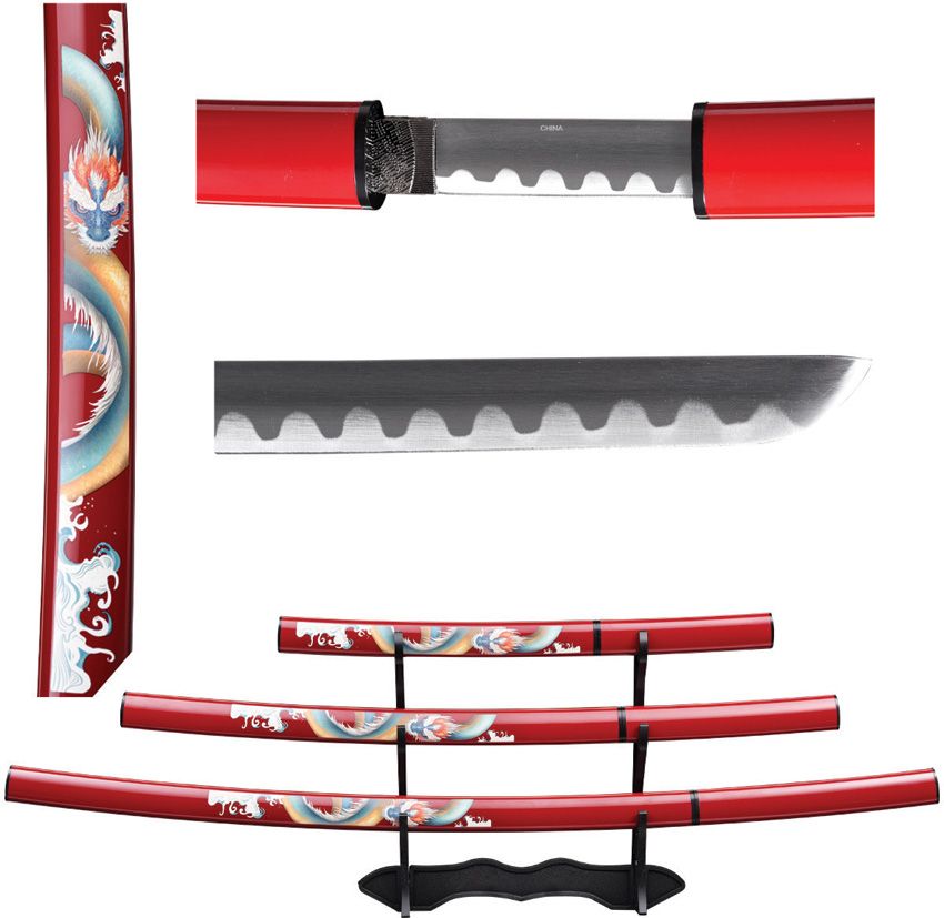 Bishamon Samurai Sword 3 Piece Set with Stand and Dragon Artwork