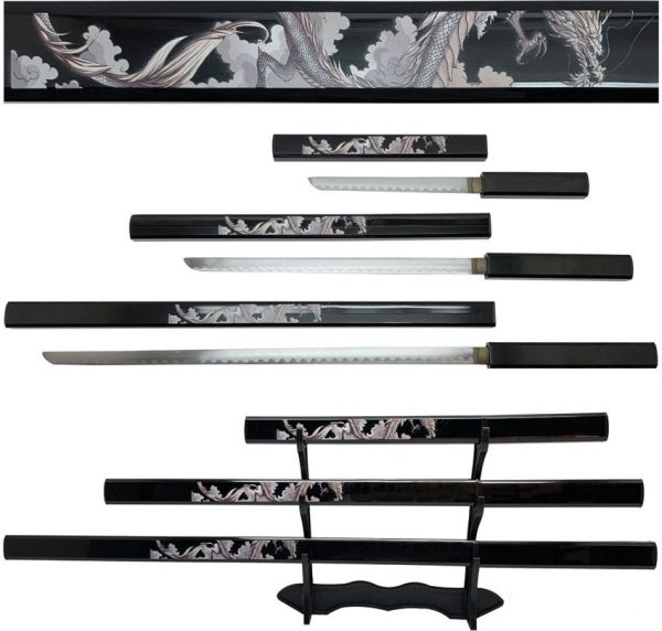Bishamon Samurai Sword 3 Piece Set - Black Dragon