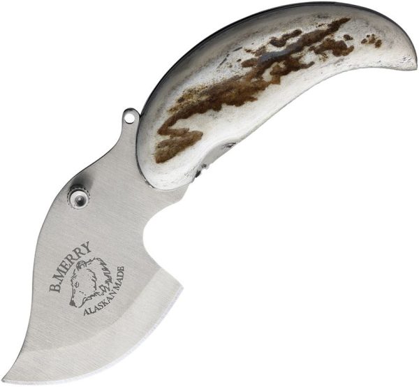 B Merry Pocket Ulu Caribou Antler Folding Knife 440 Stainless