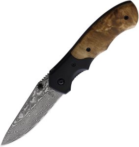 BucknBear Army Linerlock Folding Knife Damascus Steel Burl Wood