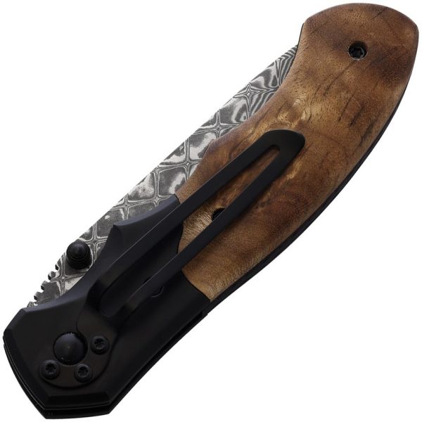 BucknBear Army Linerlock Folding Knife Damascus Steel Burl Wood