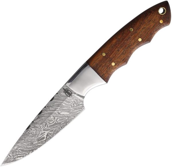 BucknBear Damascus Fixed Blade 3.5" Knife Brown Wood Handle