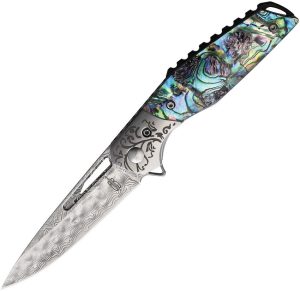 BucknBear Abalone Linerlock Damascus Folding Knife 3" Blade